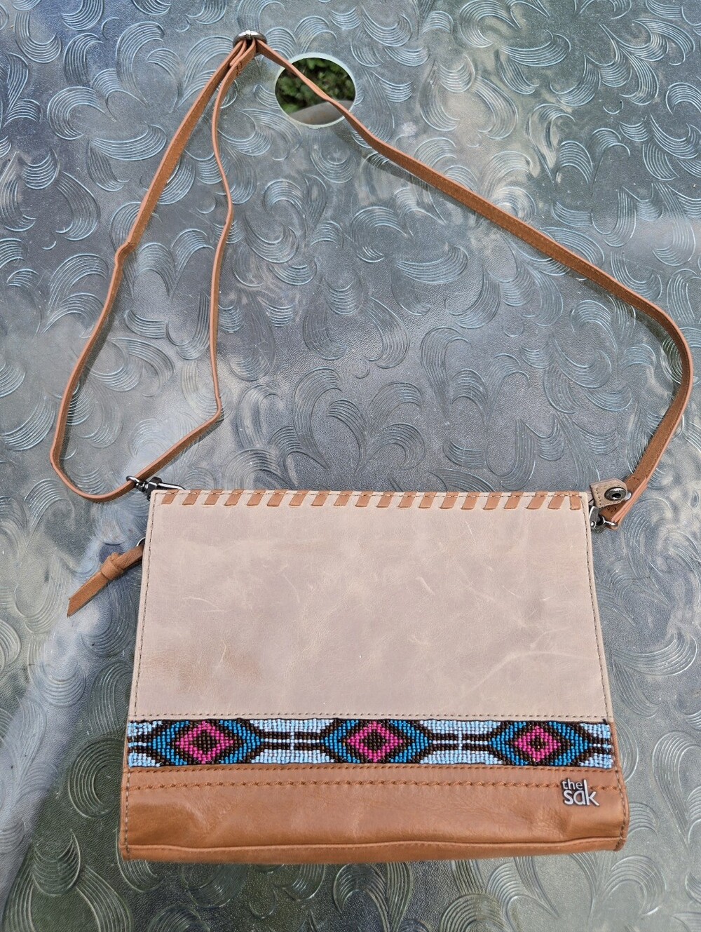 The Sak Leather Beaded Crossbody Bag, in great shape.